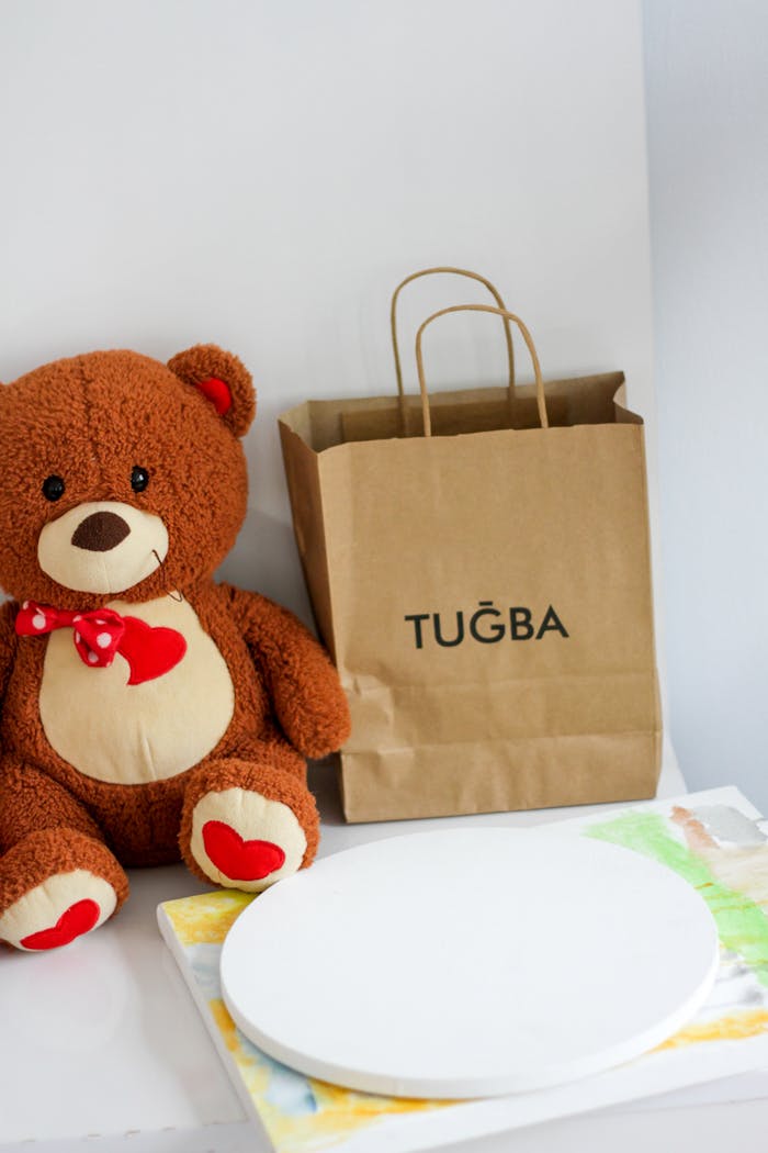 Adorable stuffed teddy bear with red heart, placed next to a gift bag on a white surface.